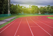 Red Running Track In Stadium,running Track On Blue Sky