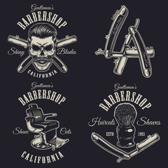 Canvas Print - Set of vintage barbershop emblems, labels, badges, logos. Layered. Text is on separate layer. Isolated on black background