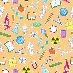 Wall Mural - Seamless pattern on the theme of science and inventions, diagrams, charts, and equipment, simple patch icons on orange background