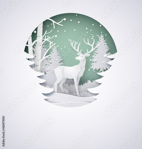 Fotografie, Obraz Deer in forest with snow in the winter season and christmas