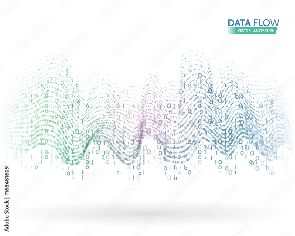 Abstract data flow background with binary code. Dynamic waves ...