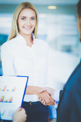 Wall Mural - Two successful business people shaking hands with each other