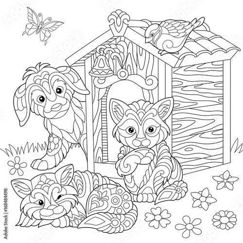 coloring page of dog two cats sparrow bird and butterfly