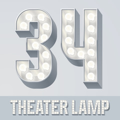 Vector light up white alphabet, Theater lamp graphic font. Numbers 3 4