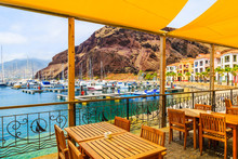 Restaurant Terrace In Sailing Port On Coast Of Madeira Island, Portugal