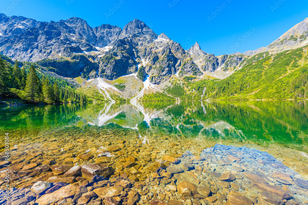 View of Morskie Oko lake with emerald green water in summer season, High Tatra Mountains, Poland - obrazy, fototapety, plakaty 
