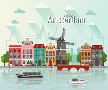 Vector Illustration Of Amsterdam. Old European City.