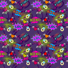 Abstract seamless pattern for girl and boy. Creative colorful wallpaper with Pop art comics speech bubbles, clouds,words. Grunge urban background for textile, fashion, sport clothes.Pink, purple, neon