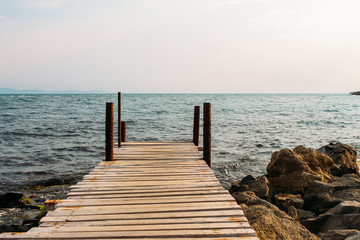  wooden jetty in sea. Bulgary, Nessebar