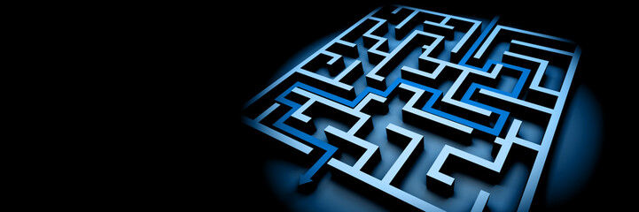 blue maze structure on black background with arrow showing the path through the maze (3d illustration banner)