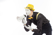 Portrait Of A Male Mime Artist, Shouting Or Showing On A Megaphone