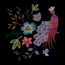Peacock, Bird.Traditional Folk Stylish Stylish Embroidery On The Black Background. Sketch For Printing On Clothing, Fabric, Bag, Accessories And Design. Vector, Trend