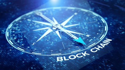 Wall Mural - block chain network concept - compass needle pointing blockchain word. 3d rendering