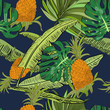 Vector drawn tropical seamless pattern on blue background with pineapples, monstera and banana leaves in a sketch style. Exotic collection.