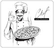 Smiling and happy chef with pizza. Vector hand drawn illustration on white background.