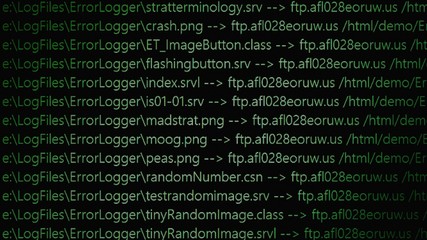 source code on a computer lcd screen, visbile leds. green on black, a kind of system log, text and n