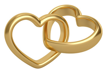 Wall Mural - Heart shaped gold rings on white background.3D illustration.