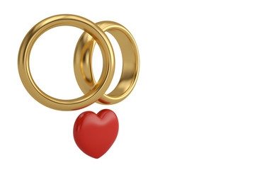 Wall Mural - Red heart and gold ring on white background.3D illustration.