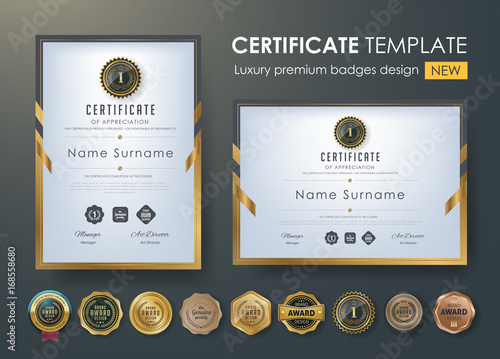 Fotografía certificate template with luxury pattern,diploma,Vector illustration and vector Luxury premium badges design,Set of retro vintage badges and labels
