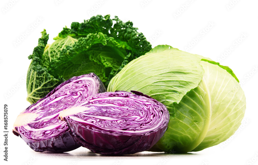 Fresh organic cabbage heads isolated on white - obrazy, fototapety, plakaty 