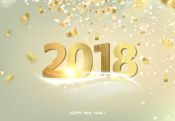 Wall Mural - Happy new year card over gray background with golden confetti. Text sign 2018 year. Vector illustration.