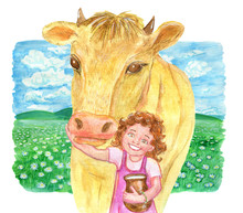 Little Girl Holding Jar Of Milk And Cute Cow Against The Grassland