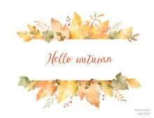 Watercolor Autumn Vector Banner Of Leaves And Branches Isolated On White Background.