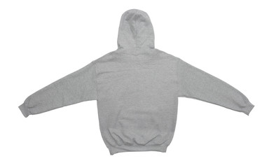 spread out blank hoodie sweatshirt color grey back view on white background