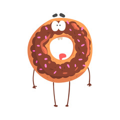 Poster - Cute donut character with chocolate glazing, cartoon funny dessert character vector Illustration