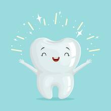 Cute Healthy Shiny Cartoon Tooth Character, Childrens Dentistry Concept Vector Illustration