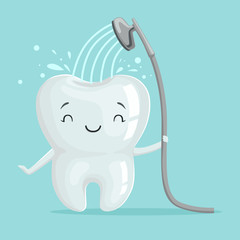 Wall Mural - Cute smiling healthy white cartoon tooth character taking a shower, oral dental hygiene, childrens dentistry concept vector Illustration