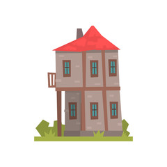 Poster - Old two storey house with red roof, retro architecture building vector Illustration