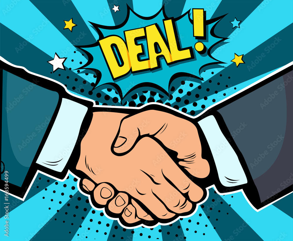 Partnership Rights Comic Handshake business deal contract, partnership and teamwork, pop art ...