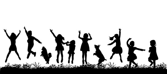 Wall Mural - Vector, isolated silhouette of children jumping with dog