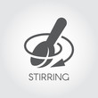 Stirring spoon with arrow direction icon. Symbol for recipes, culinary books, websites and mobile applications. Black flat image. Vector illustration on a gray background