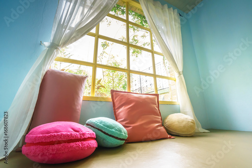 Beautiful Pillows On Sofa And Curtains Decoration In Living Room