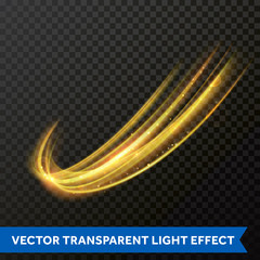 Aufkleber - Vector light effect of gold glowing line swirl. Glittering light of fire flare trace or magic sparkles and glitter swirl trail on transparent background. Bokeh light round wave with sparkling glow