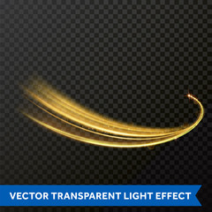 Light line gold swirl effect. Magic sparkle swirl trail effect on transparent background. Bokeh light glitter round wave line with sparkling particles. Vector glitter light fire flare trace