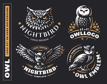 Owl Logo Set- Vector Illustrations. Emblem Design On Black Background