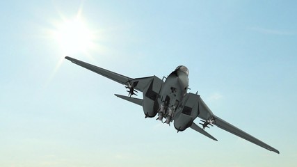 Wall Mural - 
armed military fighter jet in flight on the sky background 