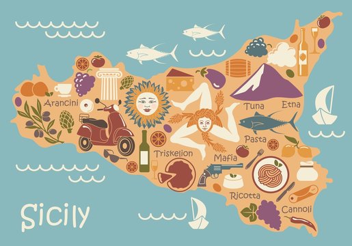 stylized map of sicily with traditional symbols