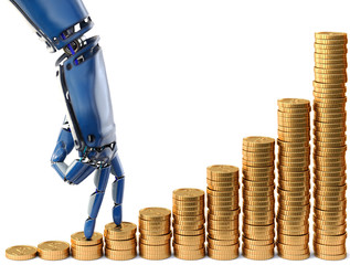 Wall Mural - Robot fingers walking up on stacks of coins. Isolated on white background. 3d rendering.