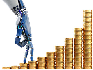 Wall Mural - Robot fingers walking up on stacks of coins. Isolated on white background. 3d rendering.