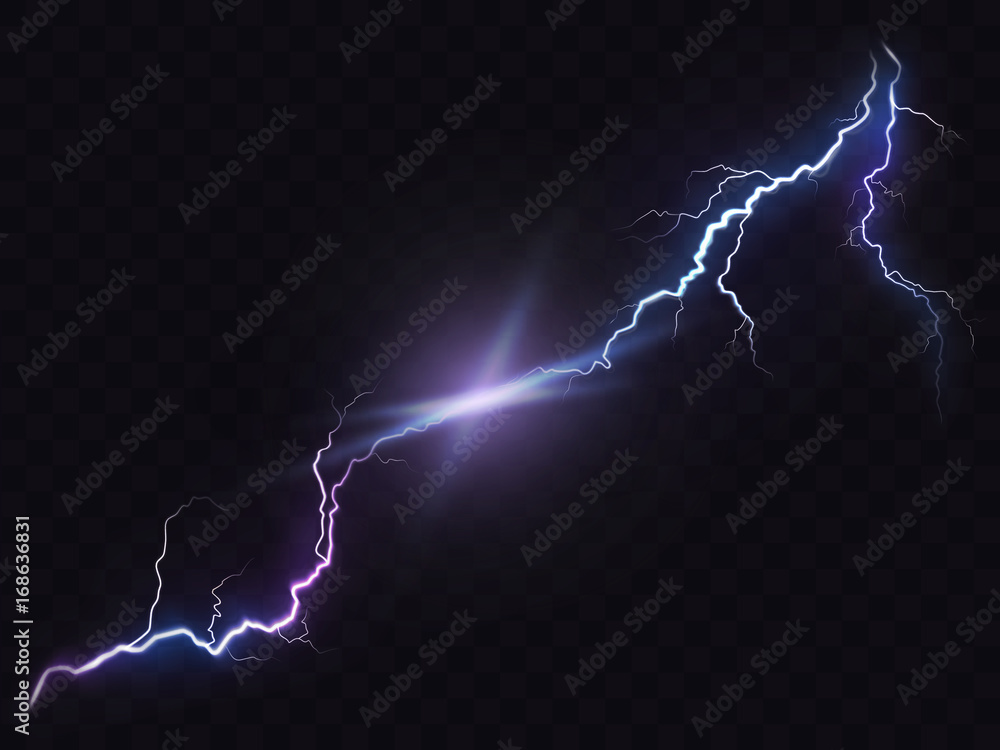 Vector illustration of a realistic style of bright glowing lightning isolated on a dark translucent background, natural light effect. Magic white thunderstorm lightning, print, pattern, design element - obrazy, fototapety, plakaty 