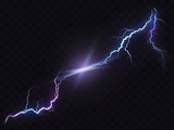 Fototapeta  - Vector illustration of a realistic style of bright glowing lightning isolated on a dark translucent background, natural light effect. Magic white thunderstorm lightning, print, pattern, design element