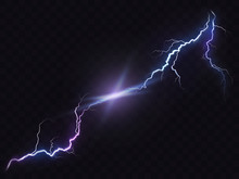 Vector Illustration Of A Realistic Style Of Bright Glowing Lightning Isolated On A Dark Translucent Background, Natural Light Effect. Magic White Thunderstorm Lightning, Print, Pattern, Design Element