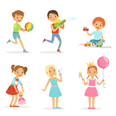Wall Mural - Happy children playing with funny toys on playground. Vector illustrations isolated