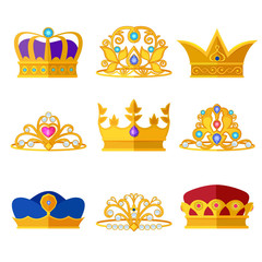 Sticker - Princess diadems and golden crowns of kings and queens. Vector set isolate on white