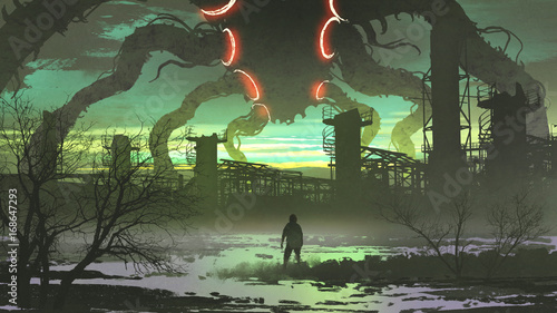 Plakat człowiek patrząc na gigantycznego potwora stojącego nad opuszczoną fabryką, cyfrowy styl sztuki, malowanie ilustracji