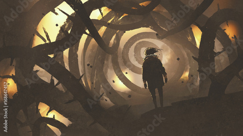 Fotomural man walking in mystery forest with thorny tree, digital art style, illustration